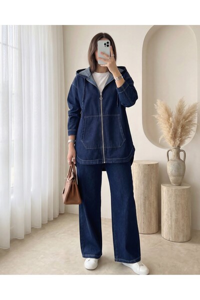 MissRunin Σετ τζιν με κουκούλα, τσέπη καγκουρό και παντελόνι οβάλ κοπής