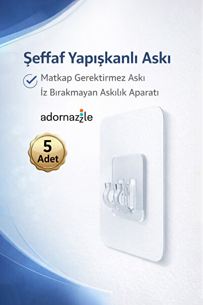 adornazzle 5 Adet Şeffaf Yapışkanlı Askı, Duvar Kancası, Matkap Gerektirmez A...