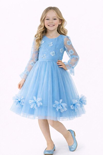 Nacar 23 Nisan 29 Ekim Gösteri Kıyafeti Kız Çocuk Çiçek Detaylı Mavi Tül Elbise