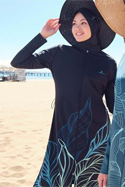 Haşema Large Leaf Detailed Black Gilet 4 Piece Hijab Swimsuit Set