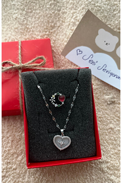 Barila Luxe Sevgi Set Çelik Kalp Kolye Ve Çelik Kalp Çiçek Detaylı Yüzük Silv...