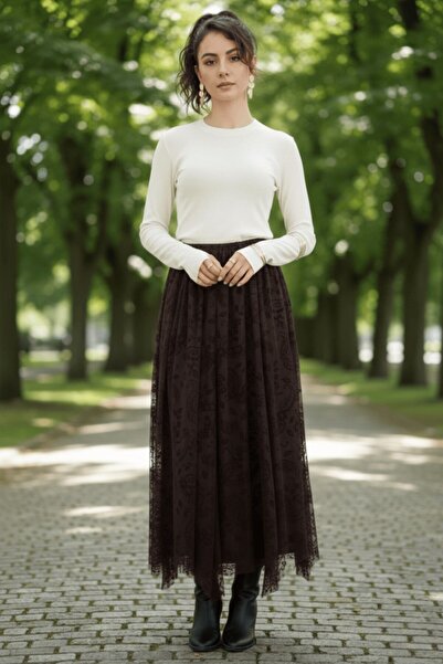 Lunarose Lace Detailed Asymmetrical Skirt Brown