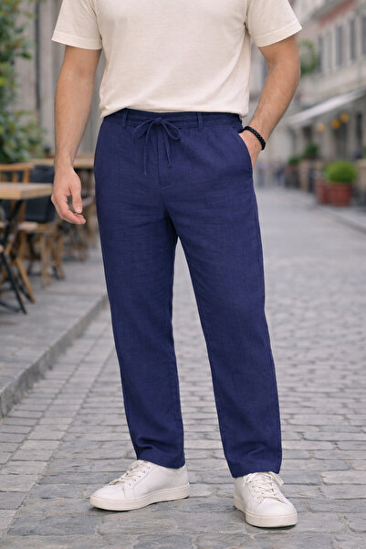 TheSeason Men's Navy Blue Relaxed Fit 100% Pure Linen Trousers