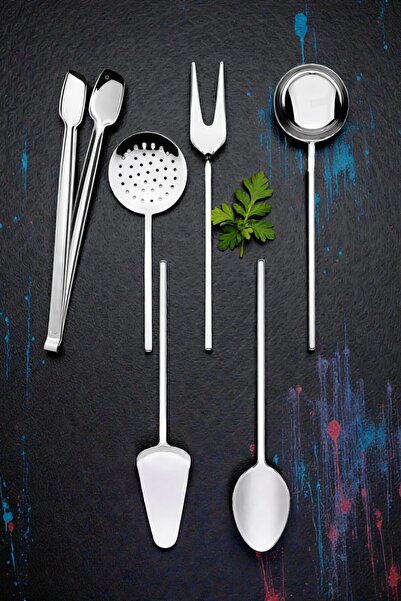 Umut 6 Parça Paslanmaz Çelik Servis Takımı Kepçe Kevgir Çatal Kaşık Spatula M...