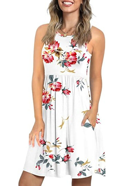 Yommay Women's casual loose dress, above the knee, white with flowers 2XL