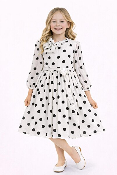 Nacar 23 Nisan 29 Ekim Gösteri Kıyafeti Kız Çocuk Puantiyeli Beyaz Şifon Elbise