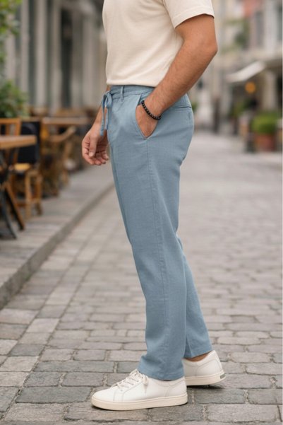 TheSeason Men's Tropik Blue Relaxed Fit 100% Pure Linen Trousers