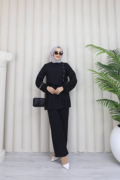 Afili butik Modal Fabric Stone Detailed 2-Piece Set Tunic Pants