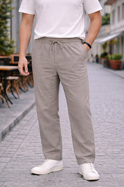 TheSeason Men's Stone Relaxed Fit 100% Pure Linen Trousers