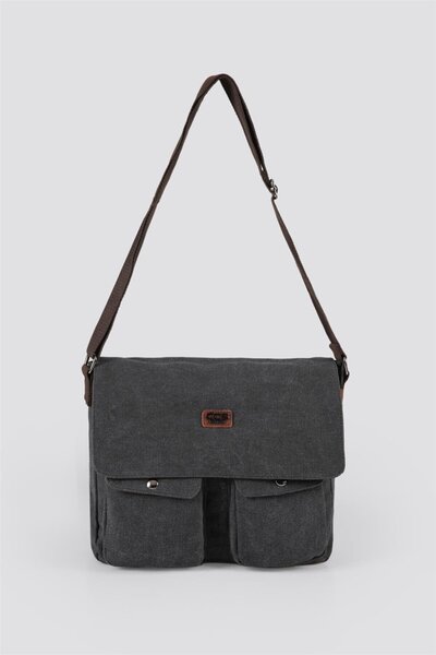 ÇÇS Anthracite Canvas Fabric Cross Strap Postman Shoulder Bag 31469