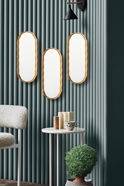 ozbience Aynalı Sunumluk Oval Gold 3'lü Set, 12x30 cm, şık kahve tepsisi