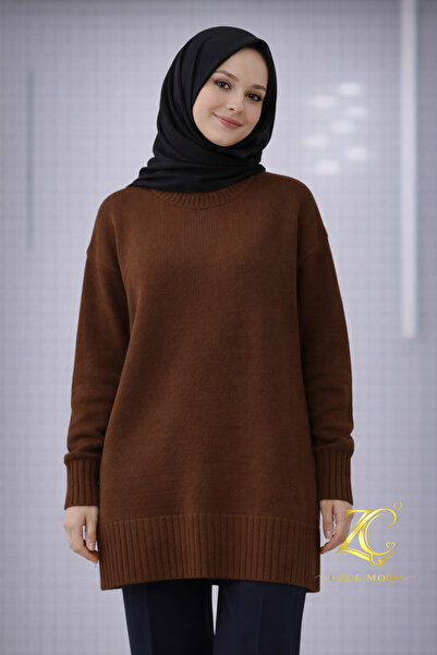 UZÇE MODA سترة تونيك تريكو كبيرة الحجم ذات ياقة دائرية باللون البني