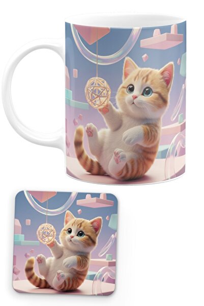 remonz Cute Kitten Special Design Illustration Mug with Cat Figure and Square...