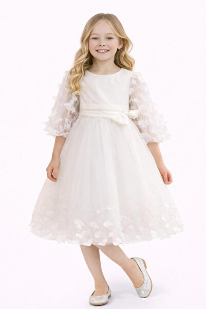 Nacar 23 Nisan 29 Ekim Gösteri Kıyafeti Kız Çocuk Çiçek Detaylı Beyaz Tül Elbise