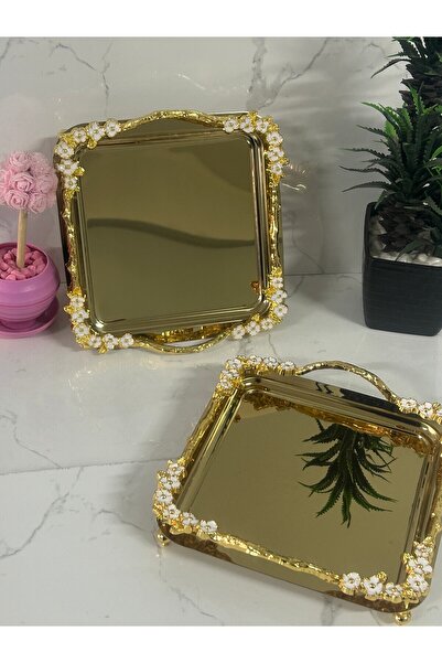 ozbience İkili Çiçek Desenli Sunum Tepsi Seti, Beyaz Mine İşlemeli, Şık ve Zarif