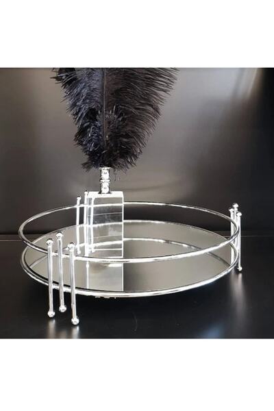 ozbience Yuvarlak Dekoratif Aynalı Sunum Tepsisi, Taşlı ve Misketli Gümüş 30 cm