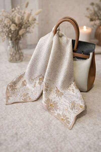 Lunaris Women's scarf 100% natural silk 65x65cm beige floral pattern