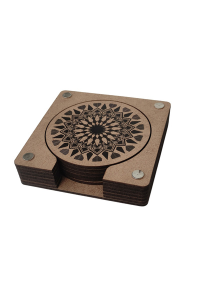 Oduncudünyası Mandala Patterned Printed Wooden Coasters Set of 6-1
