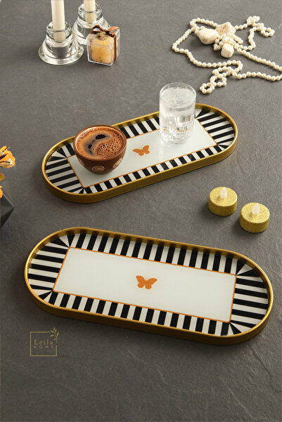 ozbience Kelebek Desenli Cam Sunumluklar, Altın Detay, 12x30 cm, Çift Set