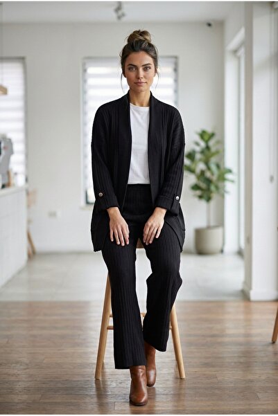 Kirazca Butik Women's Long Open-Front Cardigan Pants Knitwear Set