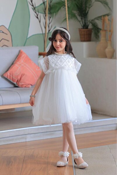 Alesaei-mondo tondo فستان بناتي سهرات أبيض تول بكشكشة دانتيل ناعمة S01159