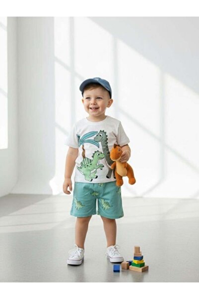 Zekids طقم شورت قطني مطبوع عليه ديناصور للأولاد