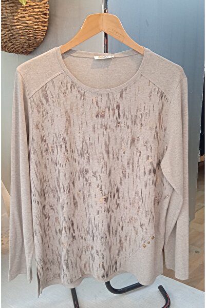 Whip Design Büyük Beden Eteği Verev Detaylı Sarı Sim Desenli Vizon Renk Bluz