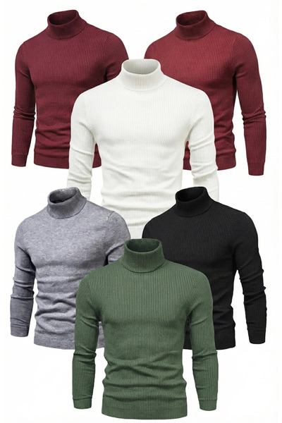 ERKEK 6'lı Siyah, Beyaz, Bordo, Gri, Haki Kaşkorse Boğazlı Full Likralı Fitilli Body Kazak
