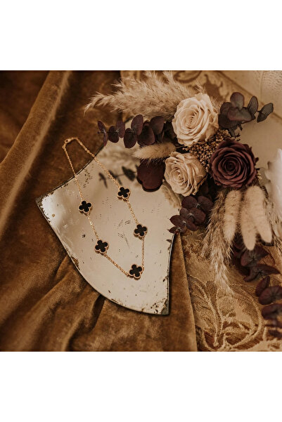 LYKOS Çelik Gold Renk Siyah Mineli Yonca Kolye