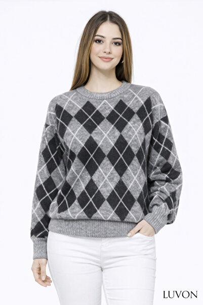 LUVON Gray Black Diamond Pattern Crew Neck Oversize Women's Knitwear Sweater