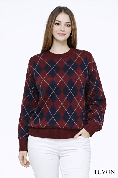 LUVON Burgundy Navy Blue Diamond Pattern Crew Neck Oversize Women's Knitwear ...