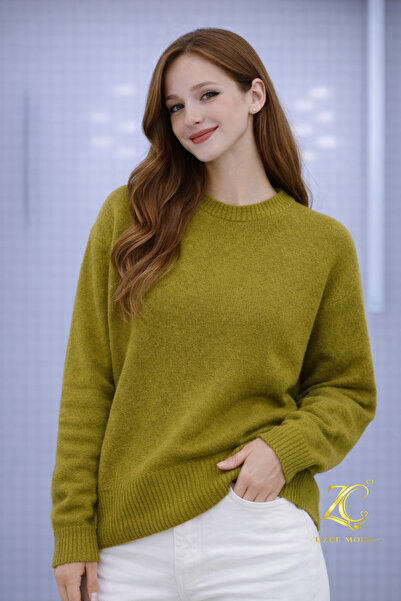 UZÇE MODA Premium Oil Green Color Crew Neck Oversize Women's Knitwear Sweater