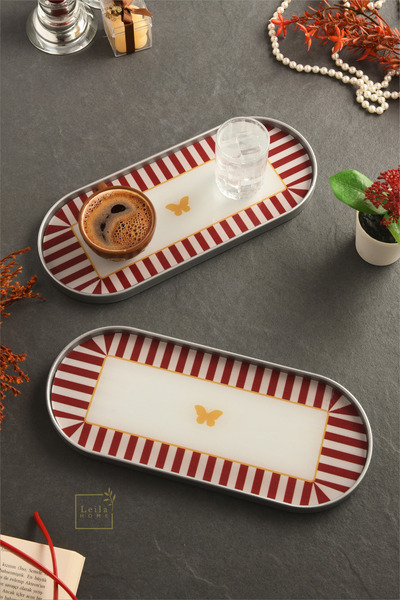 ozbience Kelebek Desenli Cam Sunumluklar, Gümüş, 2'li, 12x30 cm