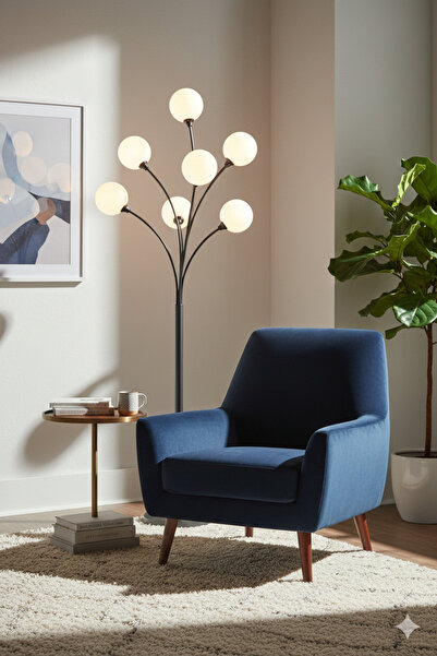 VEYRA 5 Kollu Modern Gold Lambader - Küre Cam Başlıklı Mid-Century Ark Aydınl...