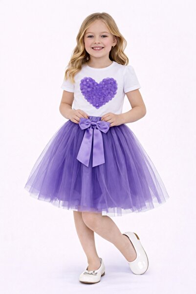 Nacar 23 Nisan 29 Ekim Gösteri Kıyafeti Kız Çocuk Kalp Detaylı Tişört & Tül E...