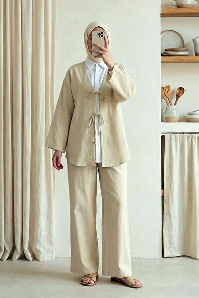 MODAQU Lace-Up Kimono Pants Set Beige