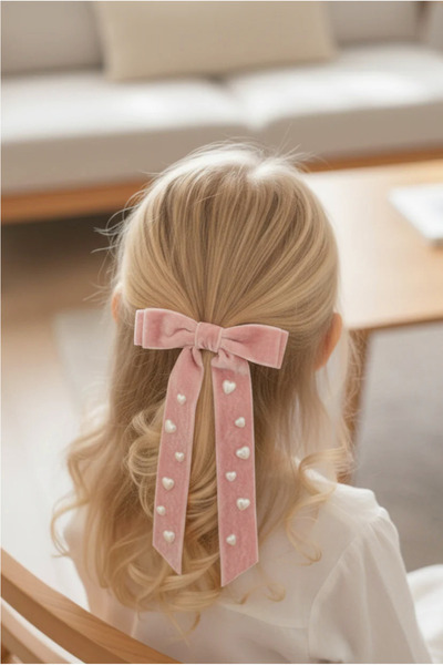 chipiques Agrafă cu fundă de balerină, din catifea roz pudrat, cu perle