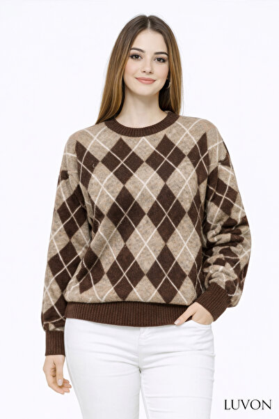 LUVON Mink Brown Baklava Pattern Crew Neck Oversize Women's Knitwear Sweater