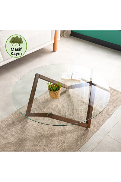 furnirem Modern Yuvarlak Cam Orta Sehpa – Şeffaf Temperli Cam & Masif Ahşap P...