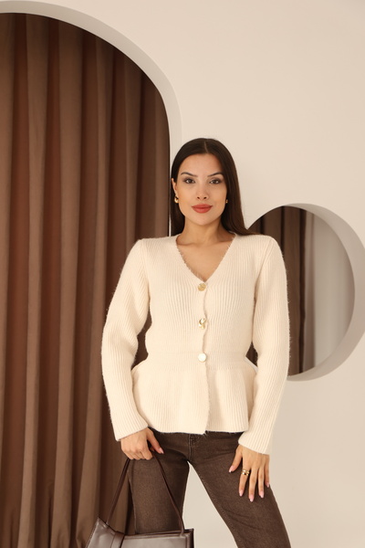 İgnites Cream Flounce Button Detailed Knitwear Cardigan