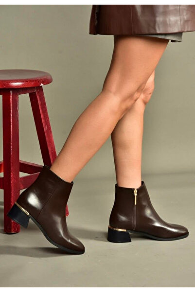 FELES Kadın Deri Bot Topuklu Gold Detaylı Femuarlı Elaris