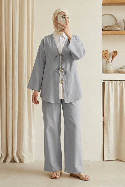 MODAQU Lace-Up Kimono Pants Set Gray