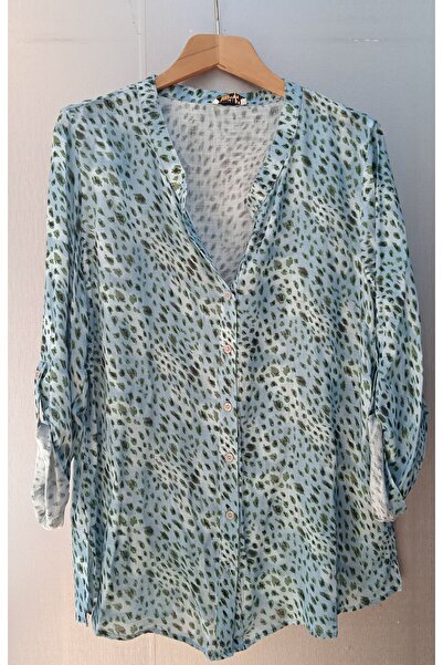 Whip Design WHİP DESİNG Büyük Beden Leopar Desenli Mavi Renk Düğme Detaylı Pa...