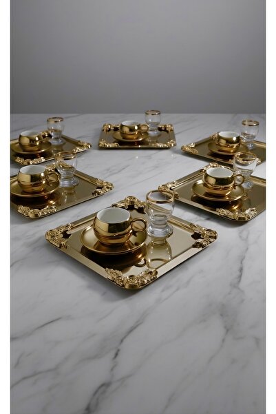 ozbience Kare Paslanmaz Çelik Çay ve Kahve Sunum Tepsisi, 6'lı Aksesuarlı Lüx...