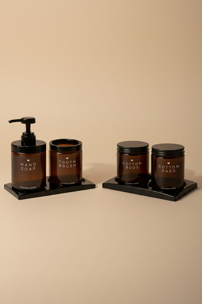 Saule Amber Cam 4’lü Banyo Seti | Sabunluk, Diş Fırçalık, Pamukluk, Kulak Çub...