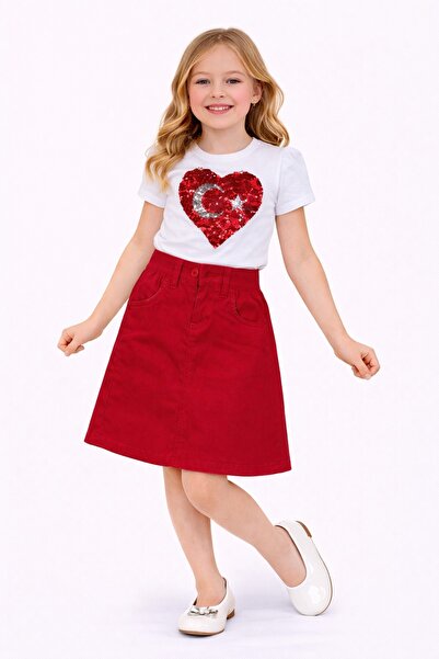 Nacar 23 Nisan 29 Ekim Gösteri Kıyafeti Kız Çocuk Payet Kalpli Beyaz Tişört &...