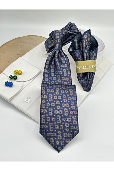 Gutiero Cravată clasică cu model verde bleumarin cu batistă