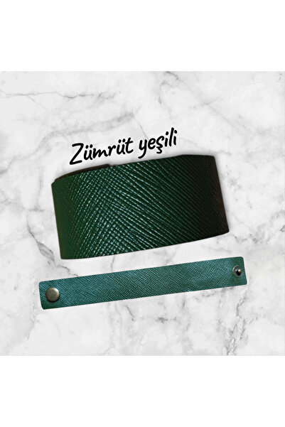 El Yapımı Doğal Hakiki Deri Bileklik Zümrüt Yeşili Düz-Unisex-ÖZGÜN Tasarım