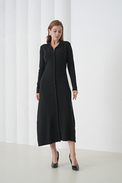 fuşyha butik Long Button Detailed Polo Collar Knitwear Dress
