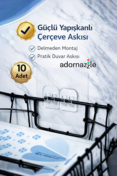 adornazzle 10 Adet Güçlü Yapışkanlı Çerçeve Askısı, Şeffaf Askı, Delmeden Mon...